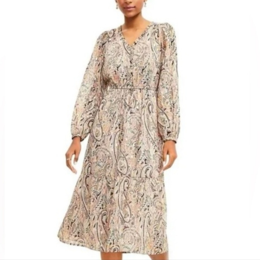 LOFT•Paisley Shimmer Gold Boho V-neck Mido Dress Small